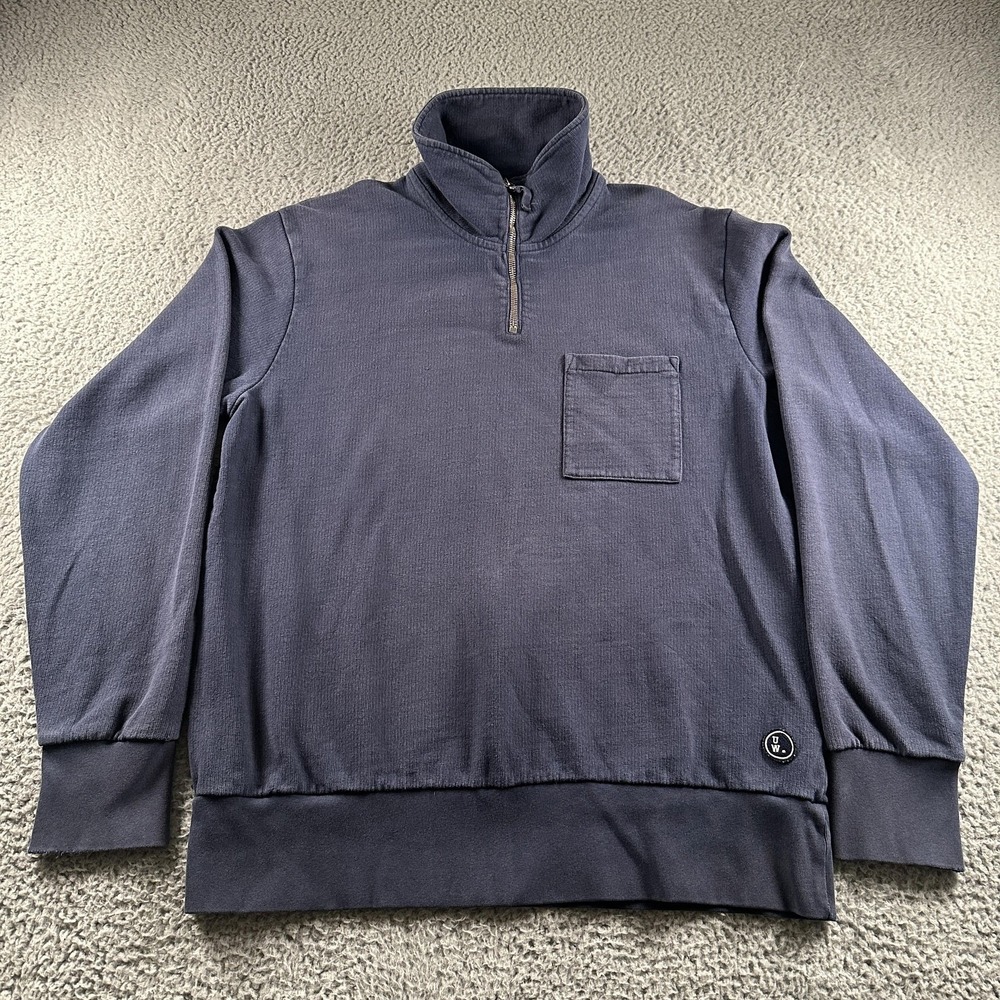Universal Works Sweatshirt Mens L Blue 1/4 Zip Mock Neck Pullover Portugal